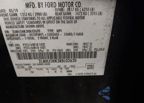 2019 Lincoln Mkt Livery z USA, uszkodzony, nr VIN 2LMHJ5NK3KBL02620